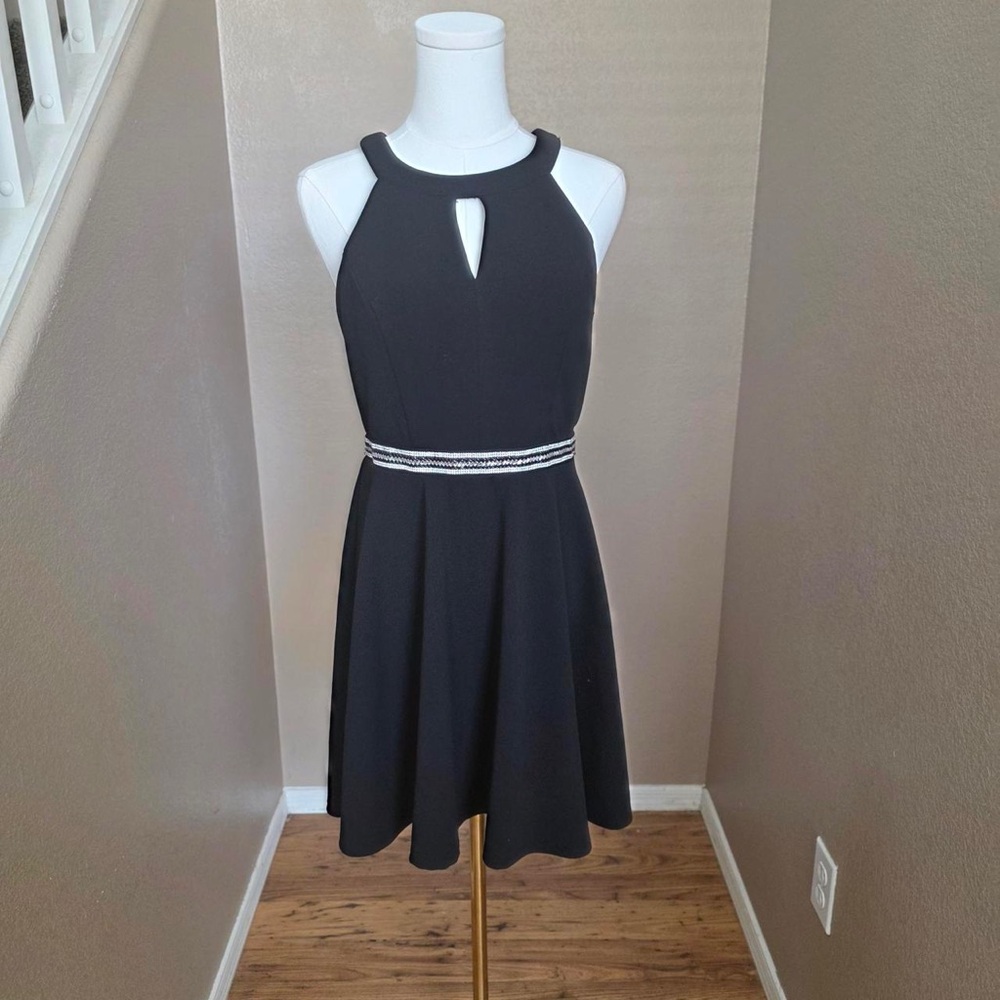 Emerald Sundae Black Halter Mini Dress with Rhinestone Waist